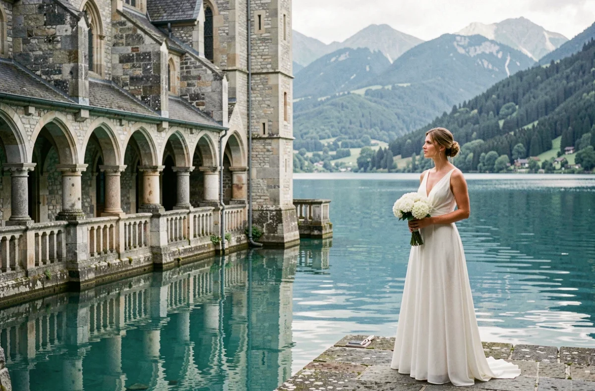 Abbaye de Talloires au bord du lac d'Annecy avec mariée en robe de mousseline sur le quai en pierre face aux montagnes alpines