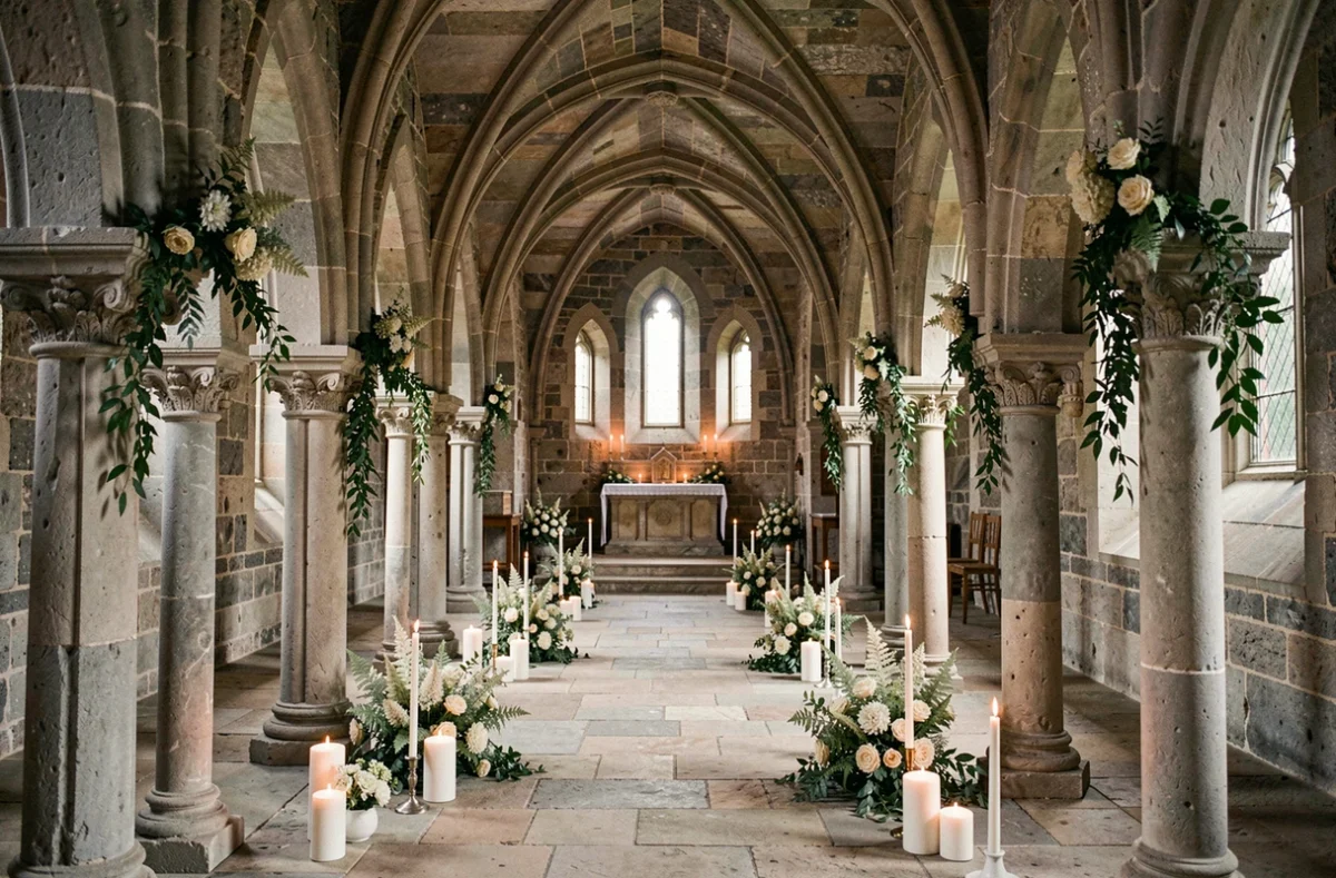 Abbaye de Vaucelles avec ses arches romanes en pierre décorées de bougies et de fleurs blanches pour une cérémonie de mariage