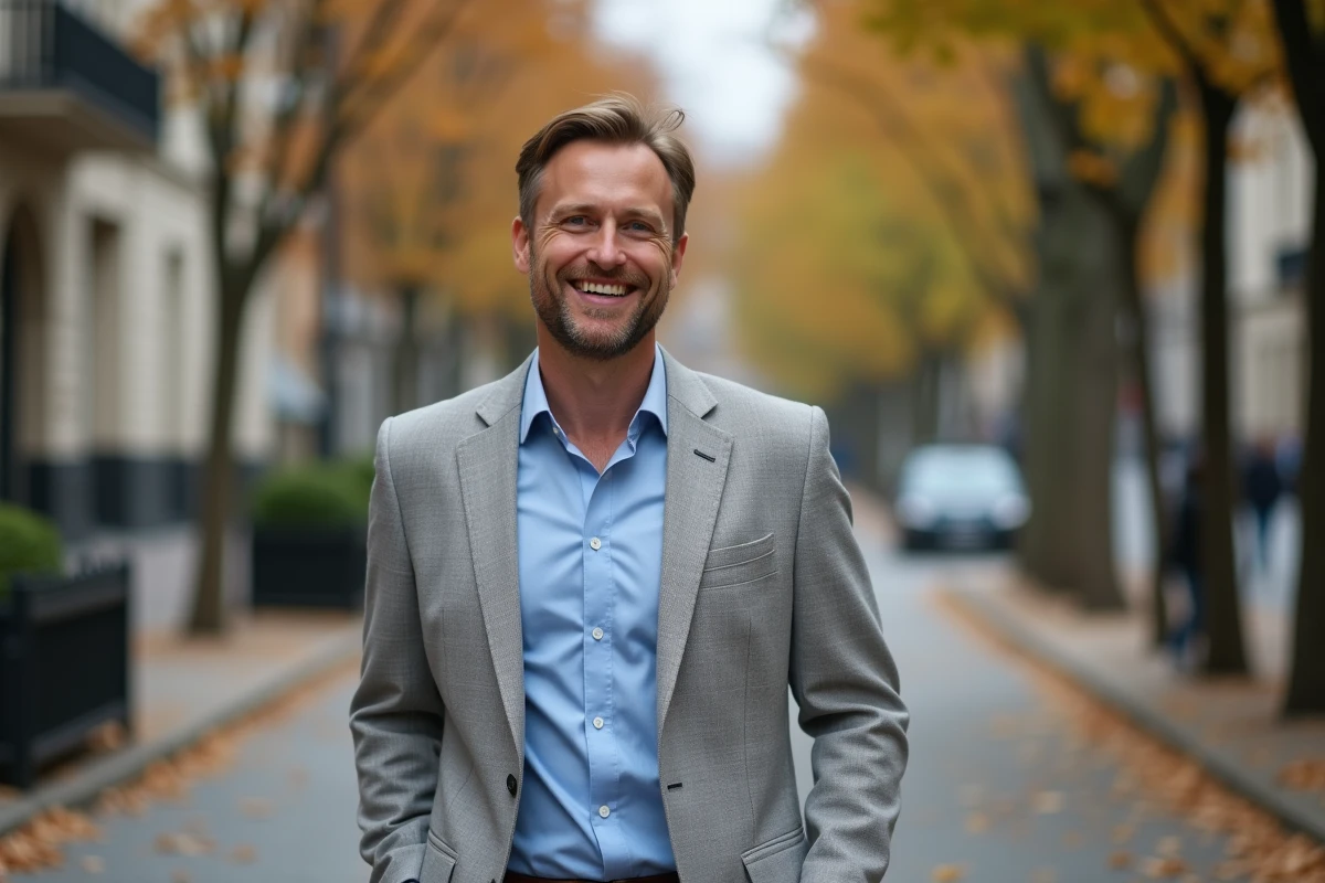 Acteur souriant en blazer gris marchant dans une avenue urbaine européenne lors d'un événement promotionnel