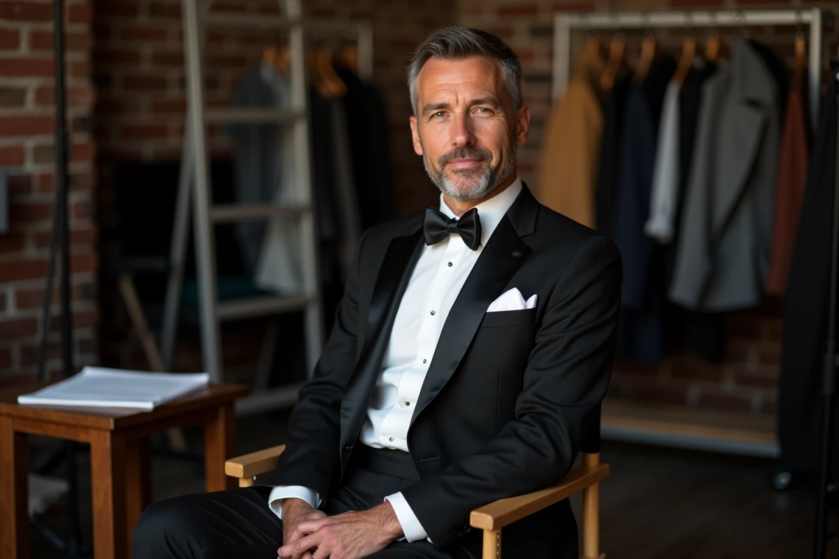 Acteur en smoking assis dans les coulisses d'un plateau de télévision entouré d'accessoires de tournage