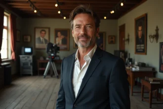 Acteur en costume marine posant sur un plateau de cinéma vintage avec décors de film en arrière-plan