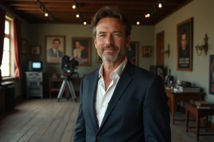 Acteur en costume marine posant sur un plateau de cinéma vintage avec décors de film en arrière-plan