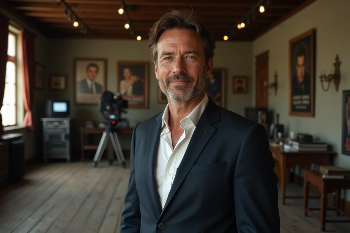 Acteur en costume marine posant sur un plateau de cinéma vintage avec décors de film en arrière-plan
