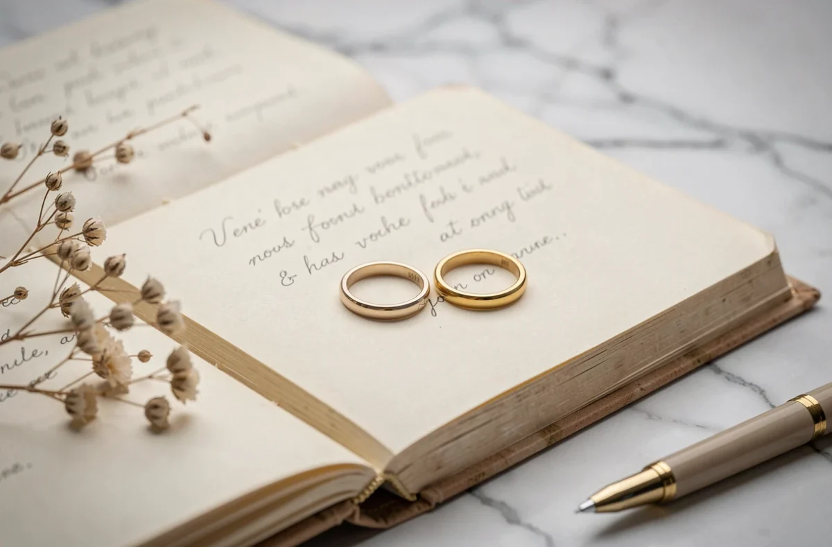 Deux alliances en or posées sur un livre ouvert aux pages manuscrites, entourées d'une fleur séchée et d'un stylo, évoquant la personnalisation d'une gravure pour bague de PACS