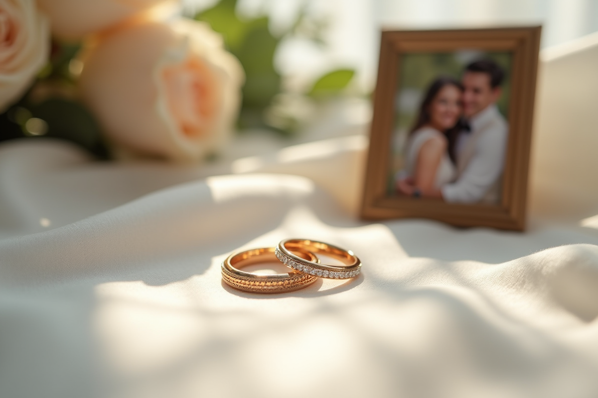 Alliances de mariage sur tissu élégant avec photo