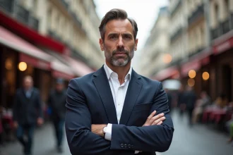 Animateur de télévision élégant dans une rue parisienne, adoptant une posture discrète et fermée évoquant la stratégie du silence médiatique