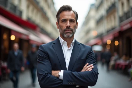 Animateur de télévision élégant dans une rue parisienne, adoptant une posture discrète et fermée évoquant la stratégie du silence médiatique