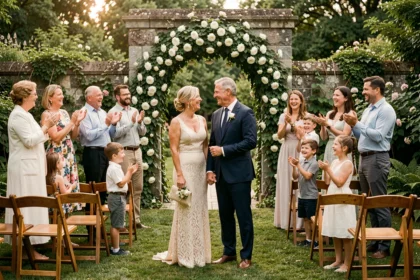 Couple fêtant 25 ans de mariage entouré de toute la famille dans un jardin fleuri lors d'une cérémonie anniversaire