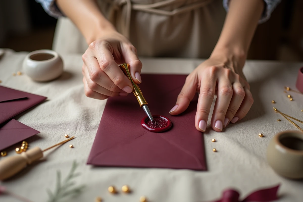 Mains d'une artisan apposant un cachet de cire dorée sur une enveloppe de faire-part de mariage bordeaux dans un atelier de papeterie