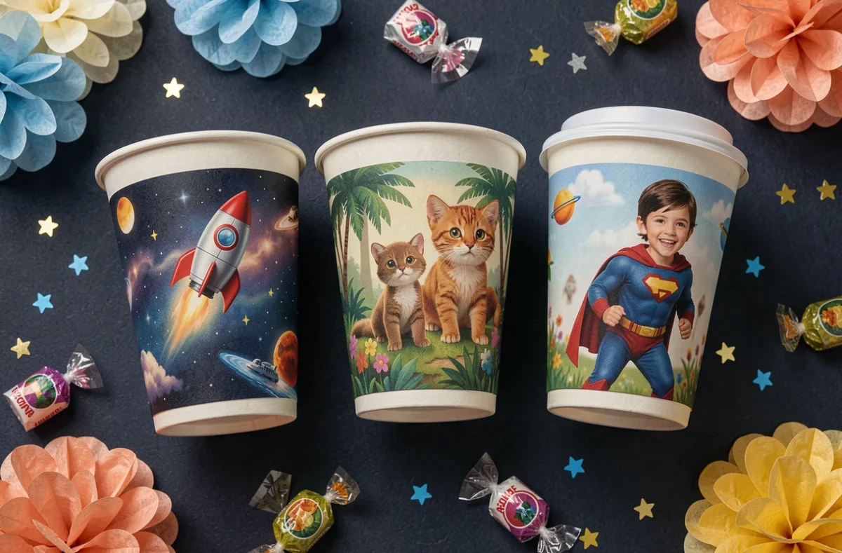 Assortiment de trois gobelets personnalisés avec photo pour anniversaire enfant aux thèmes espace, jungle et super-héros en vue à plat