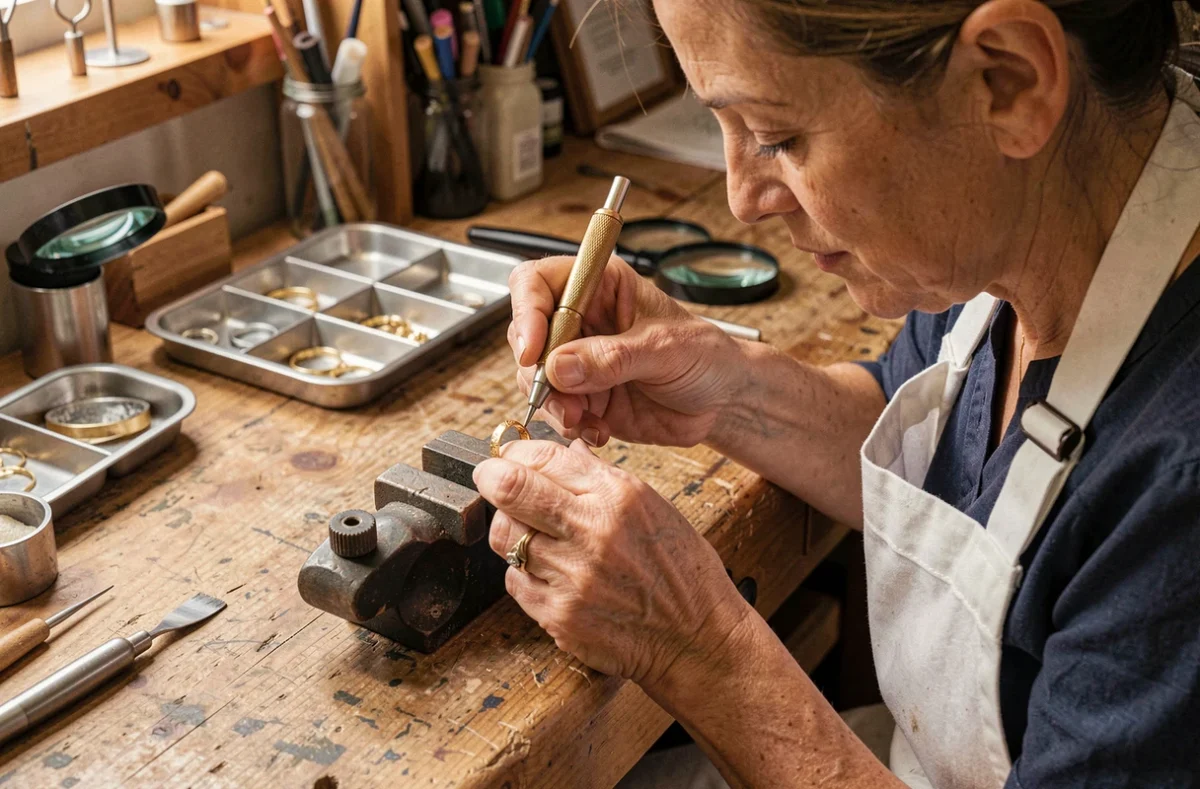 Bijoutière professionnelle gravant l'intérieur d'une alliance en or dans un atelier artisanal, illustrant le processus de personnalisation d'une bague de PACS