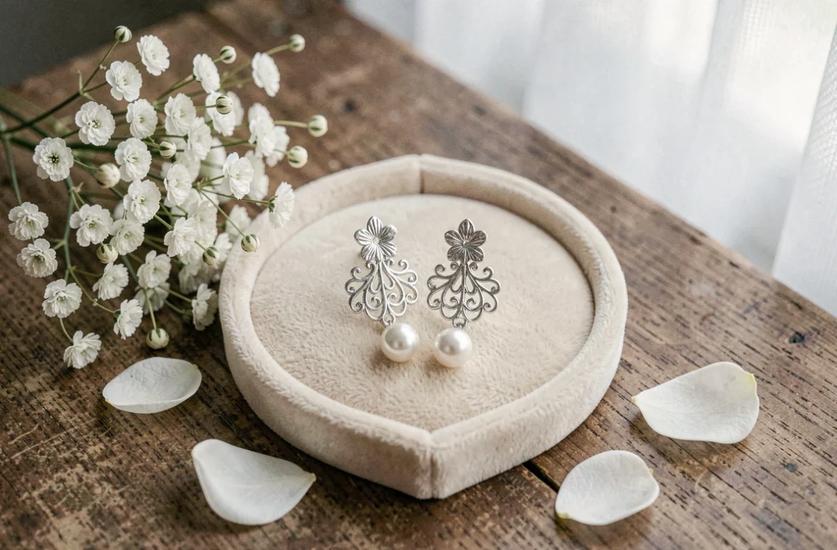 Boucles d'oreilles en argent filigrane avec perles pour mariée posées sur un plateau en velours ivoire entouré de fleurs blanches