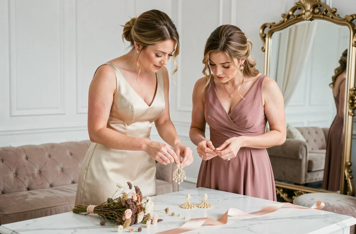 Deux femmes admirant des boucles d'oreilles chandelier dorées lors d'une préparation de mariage élégante