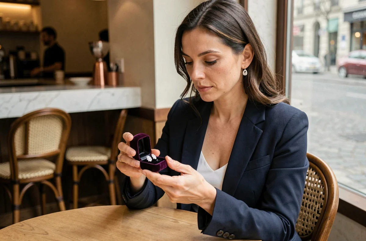 Femme contemplant des boucles d'oreilles cristal porte-bonheur dans un café parisien