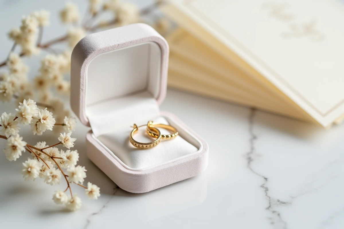 Boucles d'oreilles dorées discrètes pour mariage civil posées dans un écrin de velours blanc sur marbre