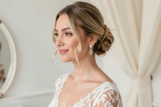 Mariée portant des boucles d'oreilles en argent avec cristaux lors d'une séance de préparation dans un salon de mariage élégant