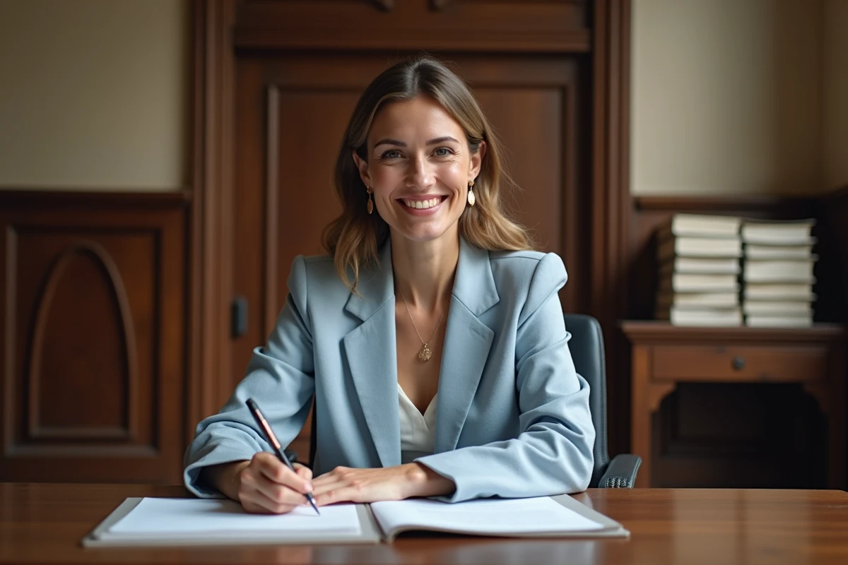 Femme signant un document lors d'un mariage civil avec de petites boucles d'oreilles géométriques en or rose