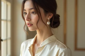 Femme portant des boucles d'oreilles perles discrètes pour un mariage civil, vue de trois quarts en intérieur