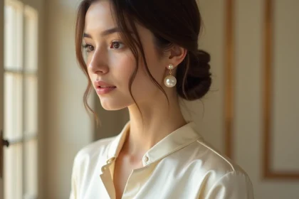 Femme portant des boucles d'oreilles perles discrètes pour un mariage civil, vue de trois quarts en intérieur