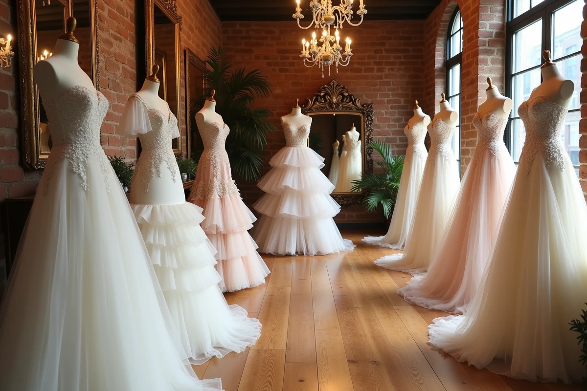Intérieur de boutique de robes de mariée gitanes avec plusieurs modèles à volants exposés sur des mannequins en magasin