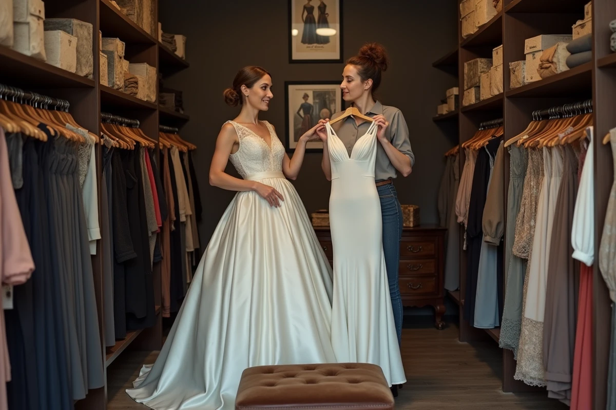 Deux femmes comparant des robes de mariée vintage des années 30 et 50 dans une boutique parisienne de vêtements vintage avec étagères en bois sombre et ottoman en velours