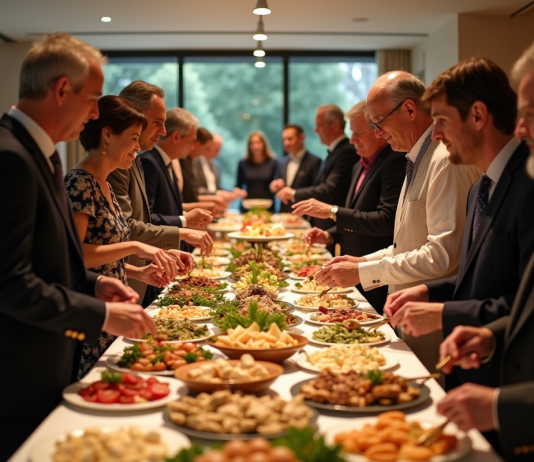 Buffet froid 50 personnes : quel budget prévoir pour régaler vos invités ? Groupe d'adultes dégustant un buffet élégant en intérieur