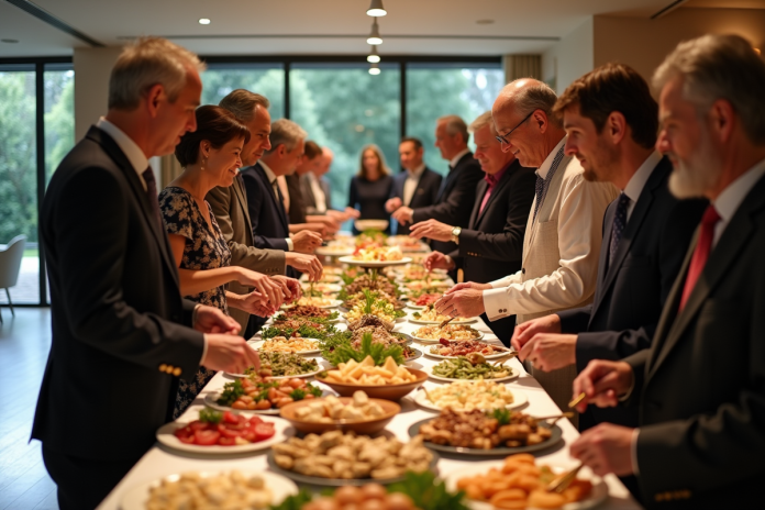 buffet-elegant-repas-groupes Groupe d'adultes dégustant un buffet élégant en intérieur