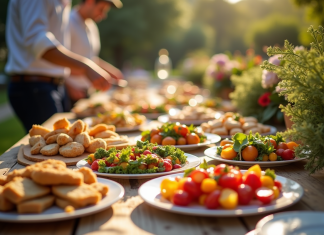 Prix traiteur par personne : combien coûte une prestation ? Buffet élégant en extérieur lors d'un événement jardin