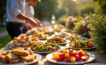 Buffet élégant en extérieur lors d'un événement jardin