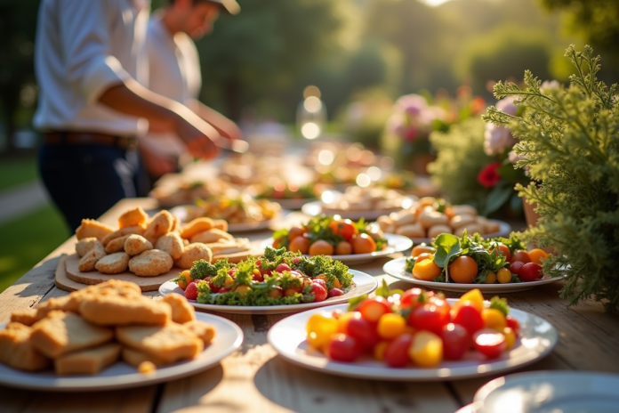 Buffet élégant en extérieur lors d'un événement jardin