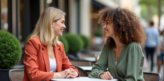 Deux femmes souriantes dans un café urbain en extérieur