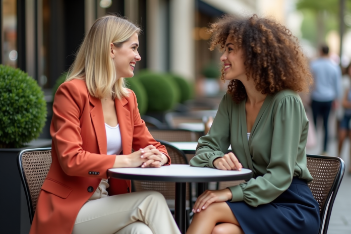 Deux femmes souriantes dans un café urbain en extérieur