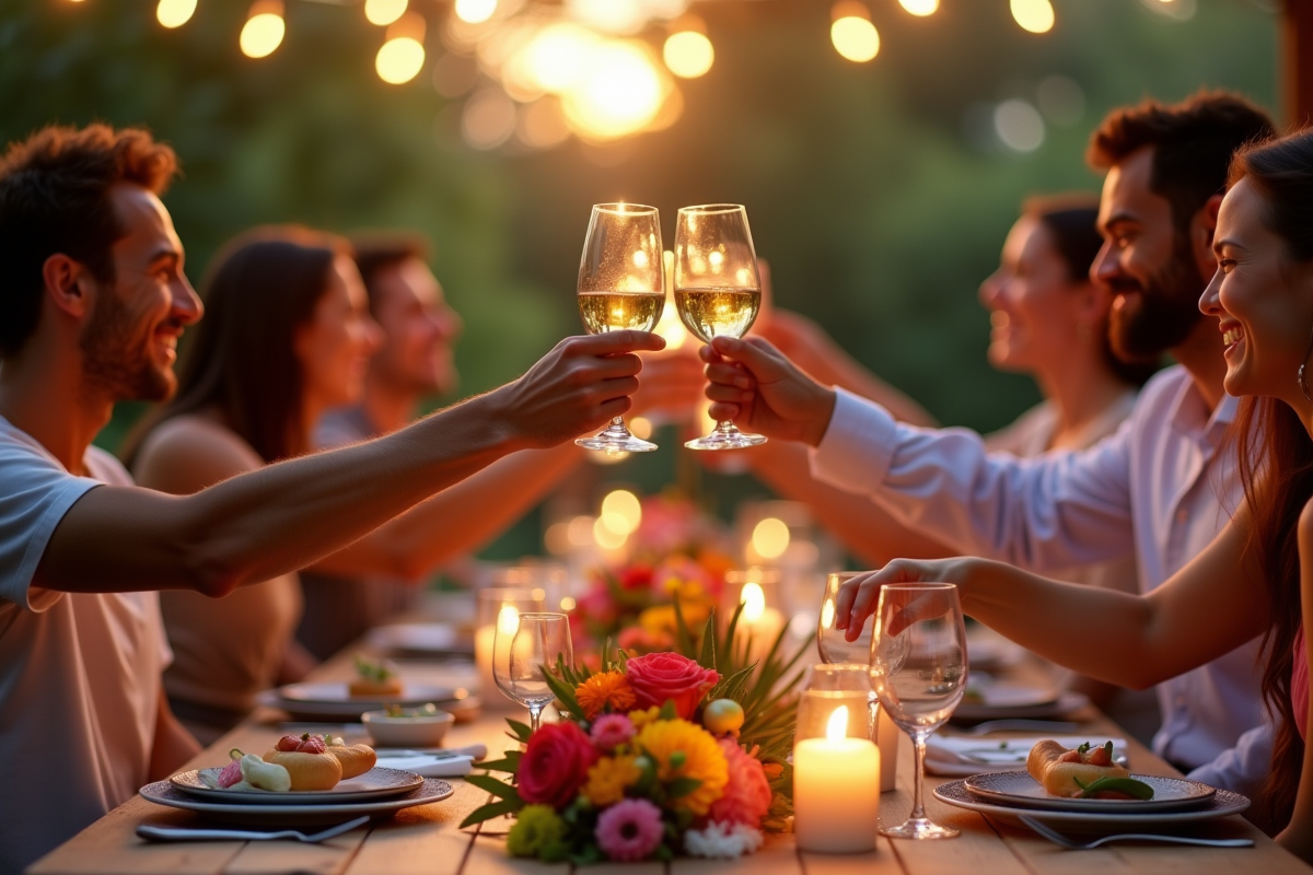 Groupe multiculturel trinquant lors d un dîner en plein air