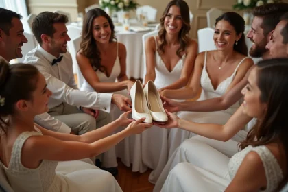 Groupe d'adultes et enfants lors d'une réception de mariage passant des chaussures blanches