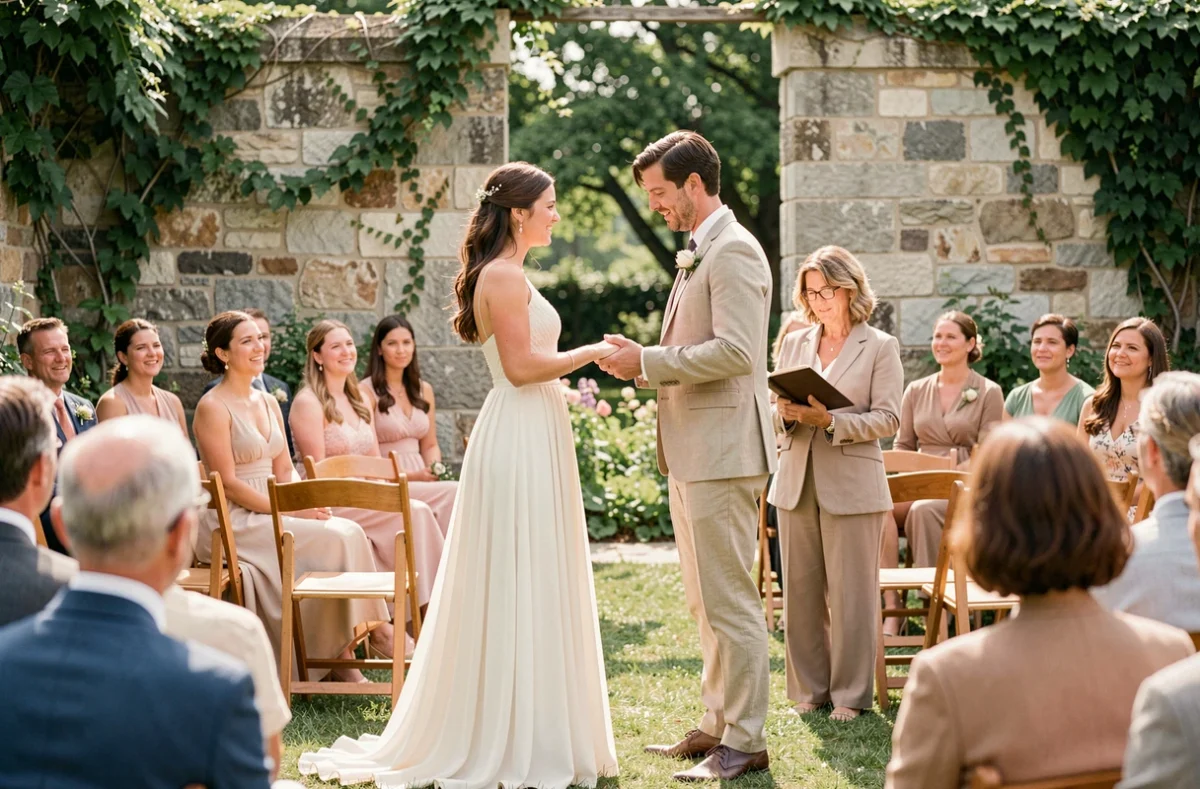 Cérémonie de mariage laïque en plein air avec échange de vœux personnalisés devant une célébrant officiant