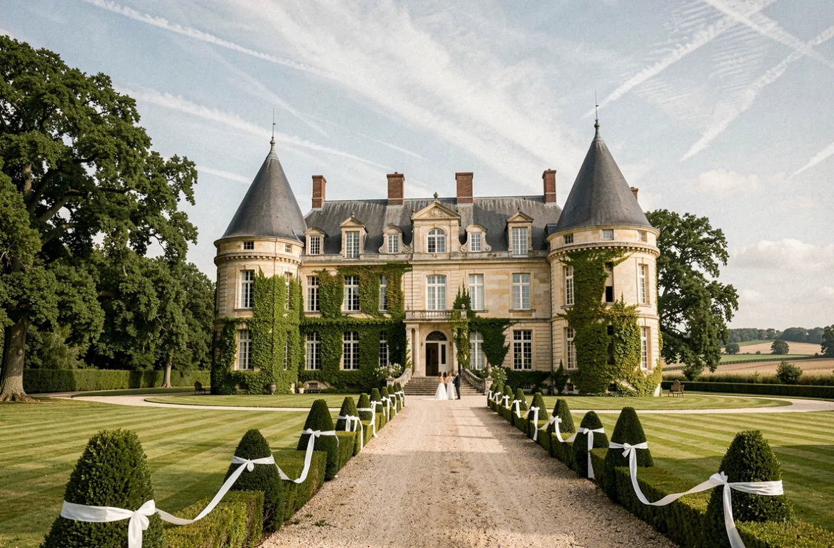 Façade du Château d'Avelin entourée de pelouses soignées et d'allées en gravier, décorée pour une réception de mariage