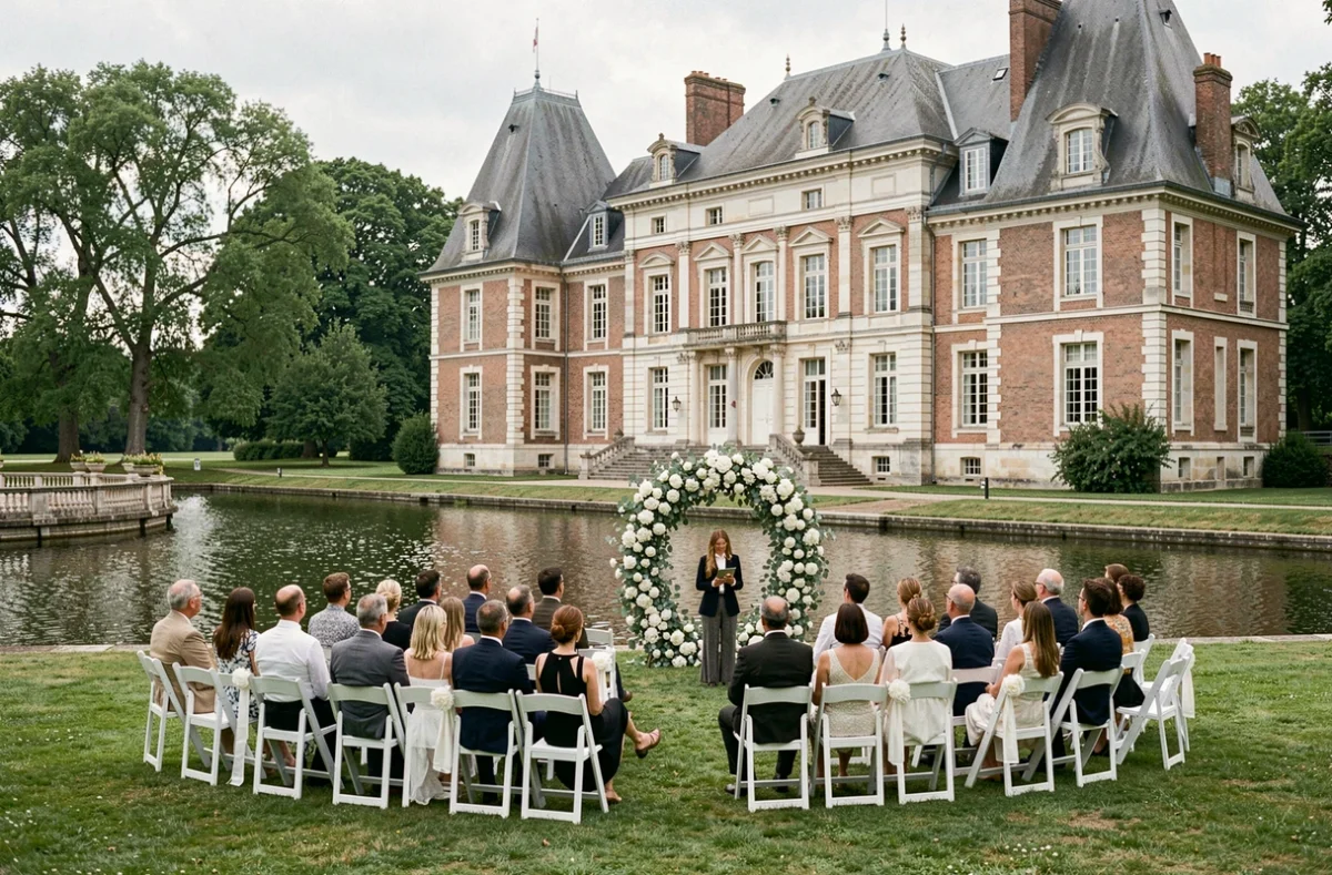 Château de Bernicourt avec son parc et ses douves lors d'une cérémonie de mariage en plein air avec arche fleurie