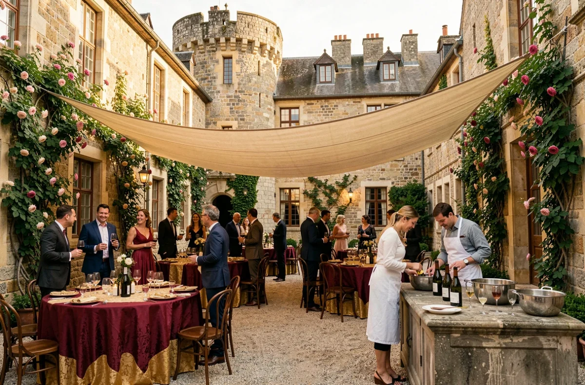 Château de Corcelles en Beaujolais avec réception de mariage dans la cour médiévale décorée de roses, tables en linge bordeaux et or