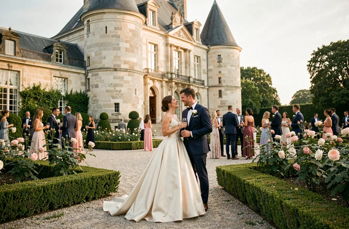 Château de Janzé près de Lyon avec mariés dans le jardin à la française, façade en pierre et parterres de roses en fleurs