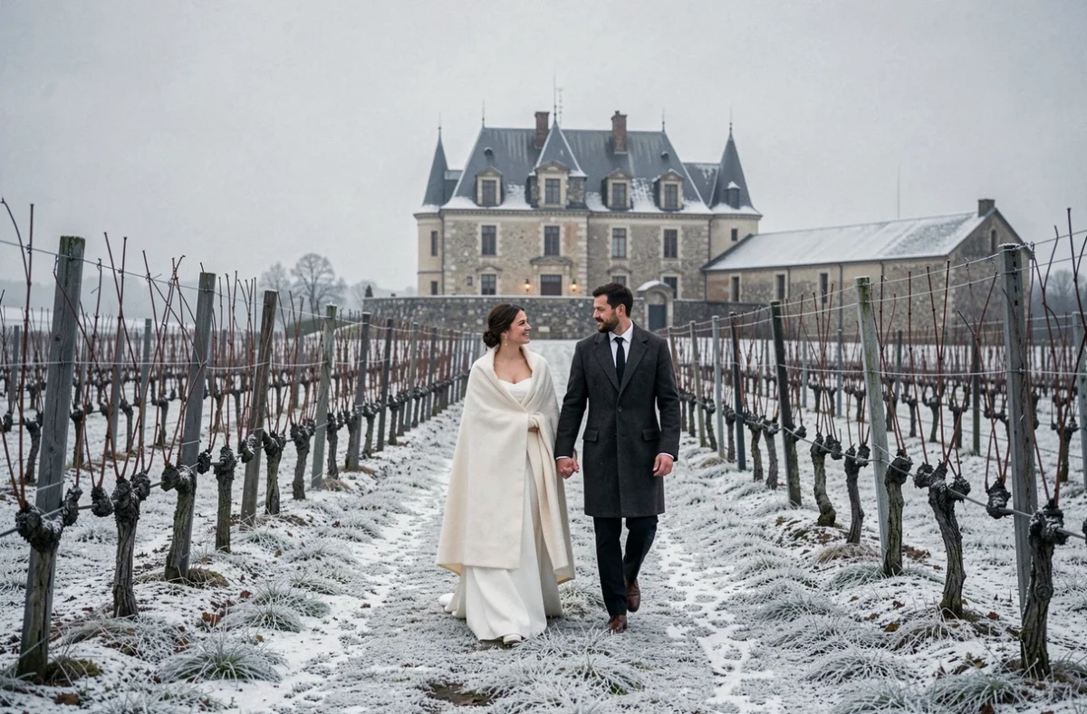 Château La Gallée en hiver avec domaine viticole enneigé et couple de mariés se promenant entre les rangées de vignes givrées