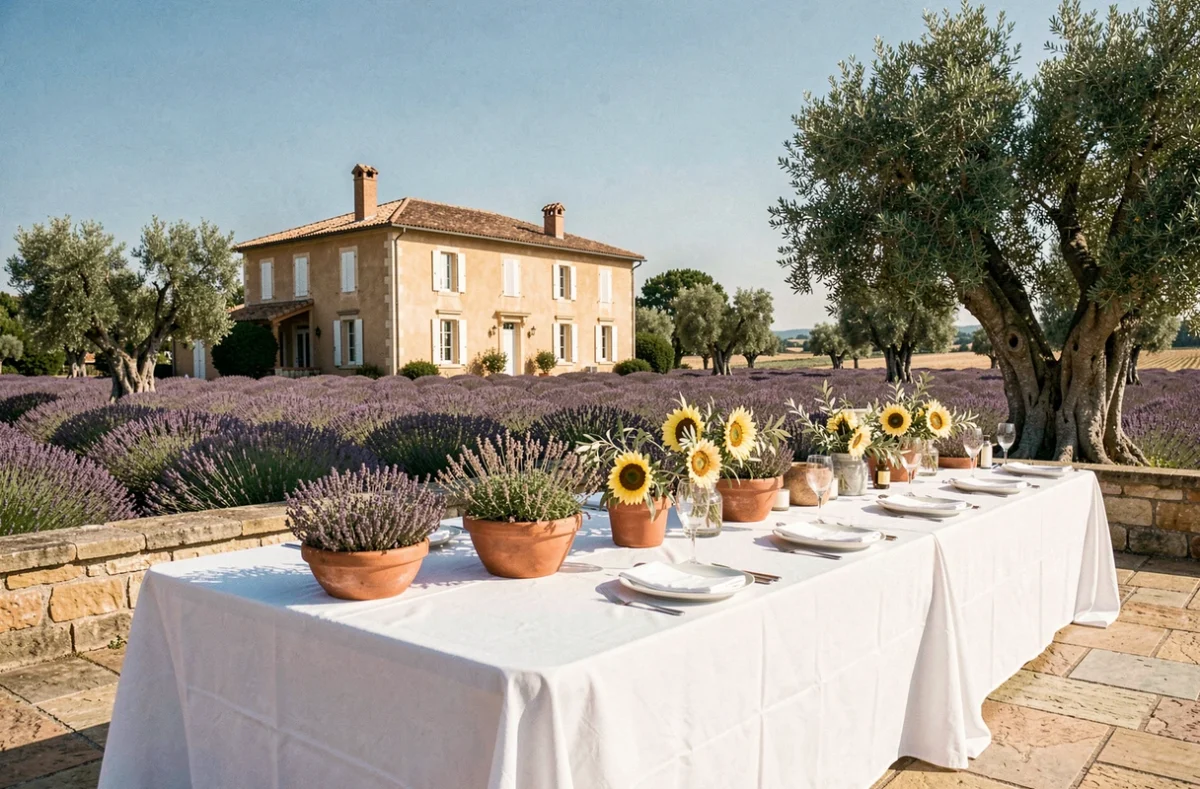 Château Montplaisant en Drôme provençale avec table de mariage dressée sur terrasse en pierre entourée de champs de lavande et d'oliviers