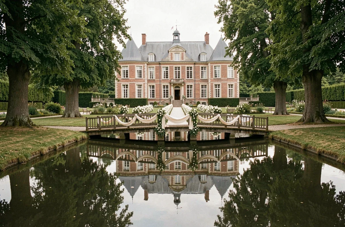 Château de Prémesques entouré de douves et de jardins décorés pour une cérémonie de mariage en plein air