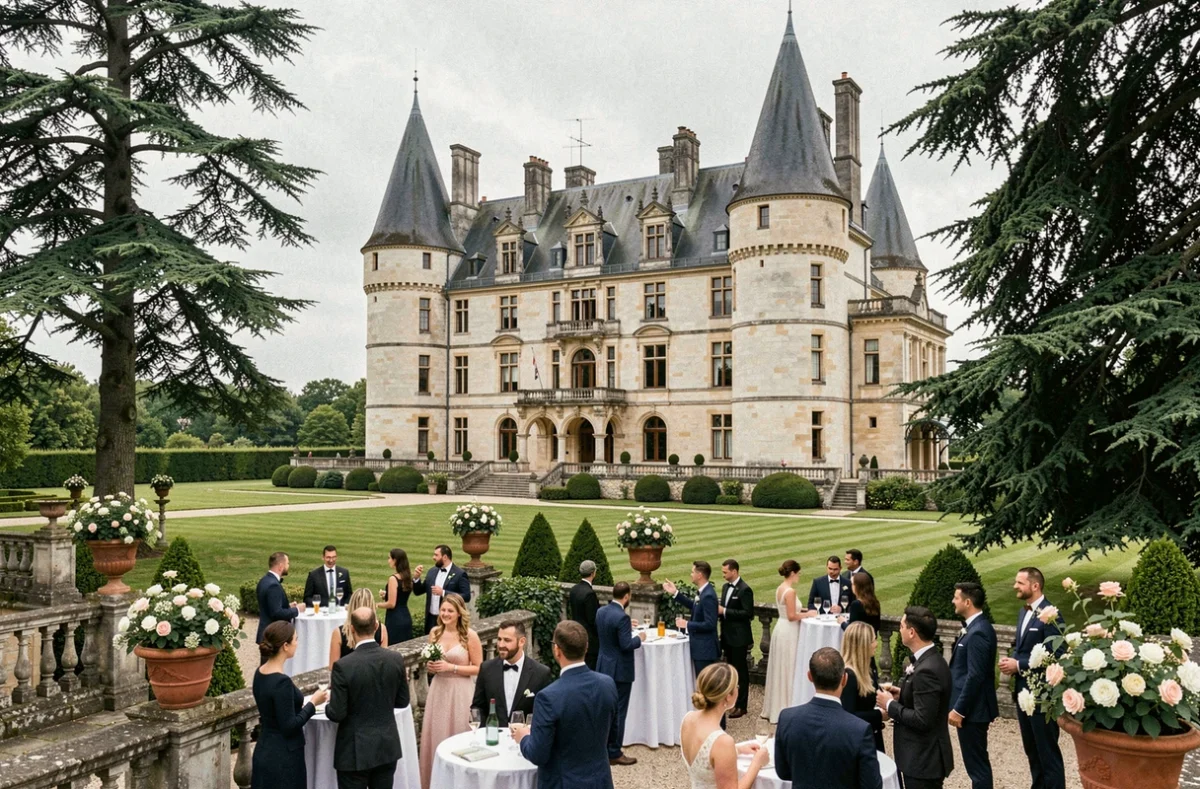 Château du Sart avec ses tourelles néo-gothiques et sa terrasse animée lors d'un cocktail de mariage