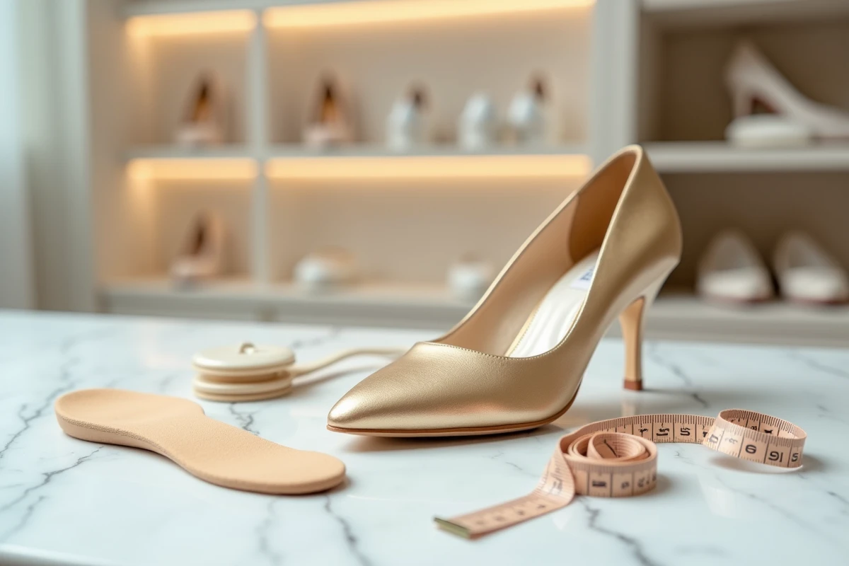Chaussure dorée de mariage avec semelle orthopédique et accessoires de confort pour pieds sensibles sur comptoir marbre