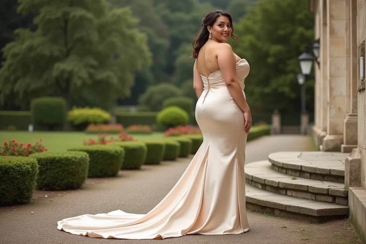 Mariée grande taille portant des chaussures dorées à talon carré devant un château français, silhouette affinée par le choix des talons