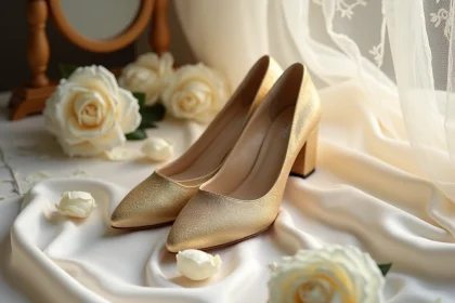 Chaussures de mariage dorées à talons larges et semelles rembourrées posées sur satin ivoire avec pétales de roses blanches