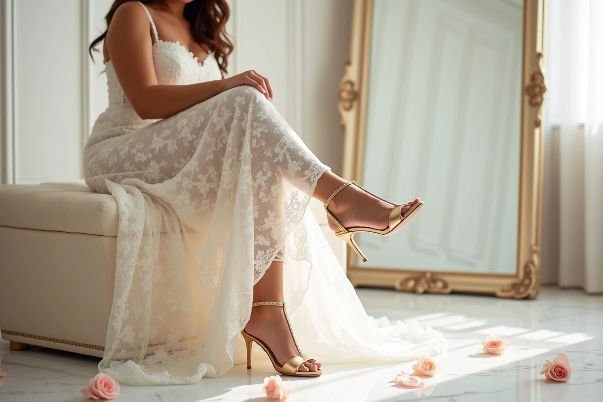 Femme grande taille en robe de mariée ivoire enfilant des sandales à talons dorées dans une boutique de mariage élégante