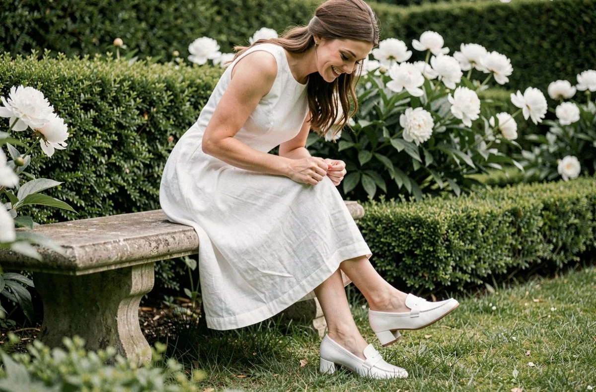Mariée assise sur un banc de jardin en pierre portant des chaussures de mariage blanches confortables à petit talon, souriante après une longue journée de cérémonie
