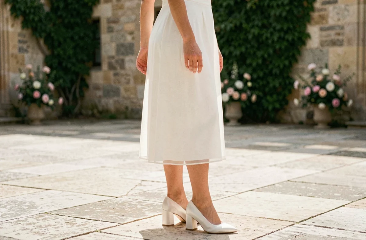 Femme en robe de mariée blanche portant des chaussures de mariage blanches à talon bloc bas sur un parvis en pierre d'un château français