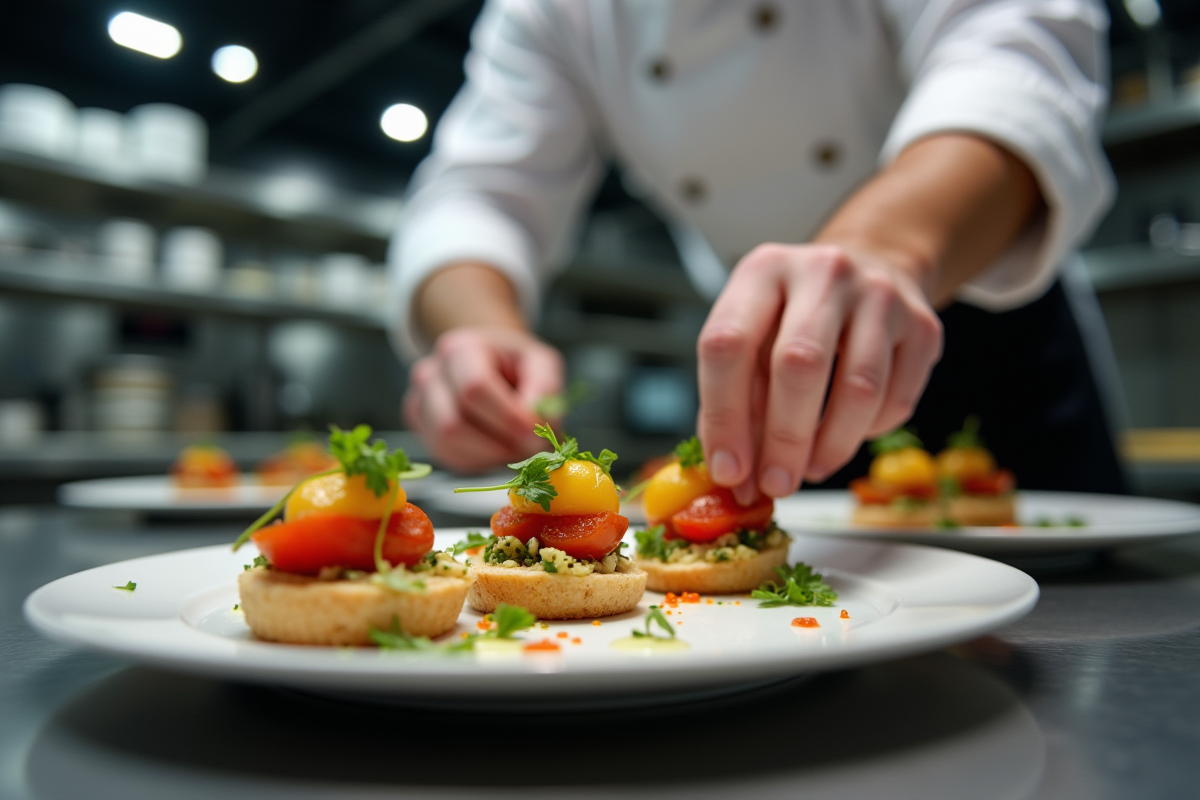 Chef en cuisine moderne dressant des amuse-bouches